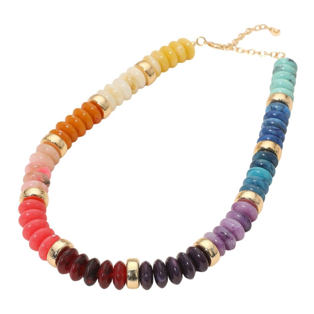 Rainbow Beaded Gold Multi-Color Neutral Boho Classic Statement Necklace NEW - Picture 6 of 10